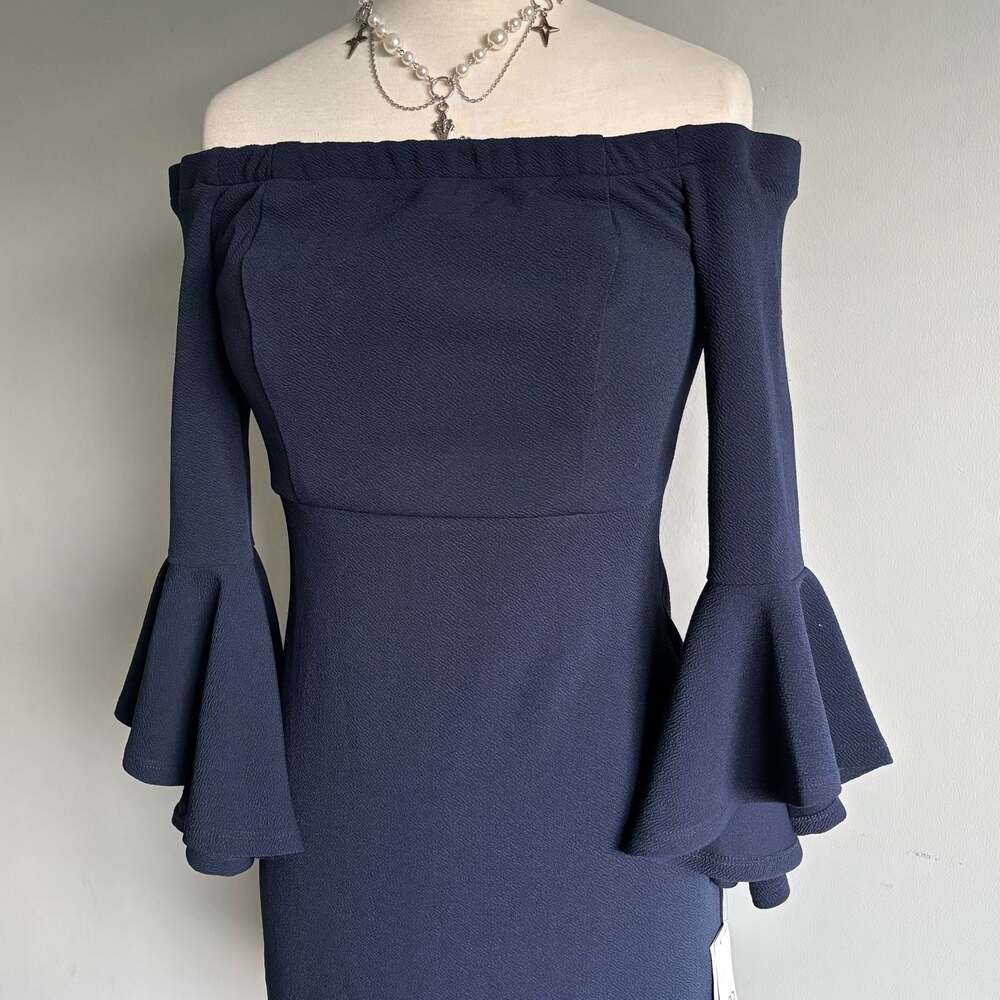 Off-the-Shoulder Navy Blue Bell Sleeve Mini Dress Size 11/12